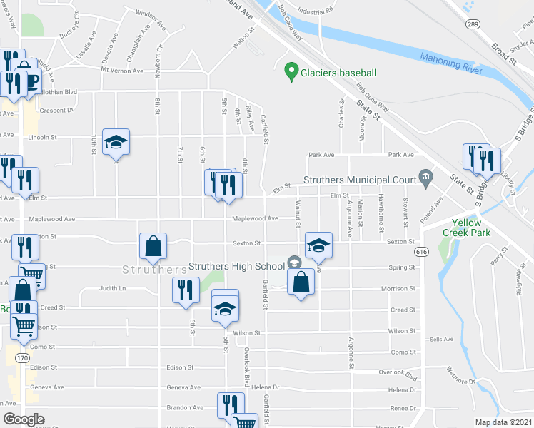 map of restaurants, bars, coffee shops, grocery stores, and more near 253 Maplewood Avenue in Struthers