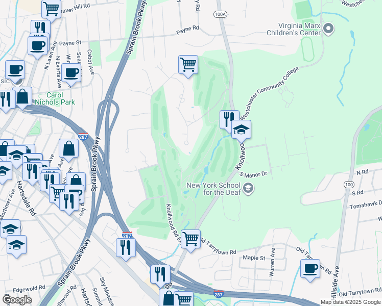 map of restaurants, bars, coffee shops, grocery stores, and more near 4 Mayfair Road in Elmsford