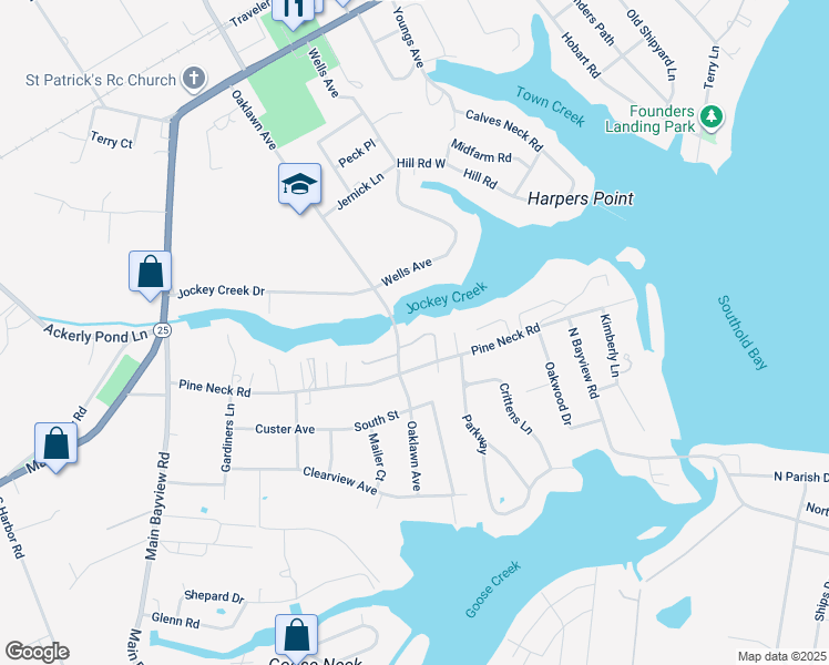 map of restaurants, bars, coffee shops, grocery stores, and more near 3145 Oaklawn Avenue in Southold