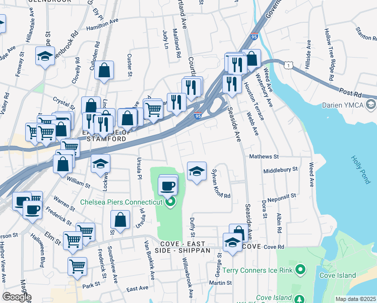 map of restaurants, bars, coffee shops, grocery stores, and more near 126 Blachley Road in Stamford