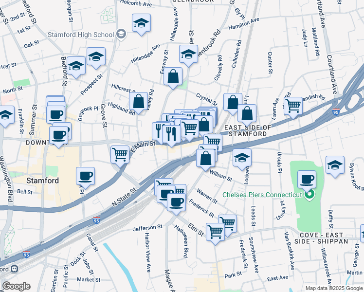 map of restaurants, bars, coffee shops, grocery stores, and more near 825 East Main Street in Stamford