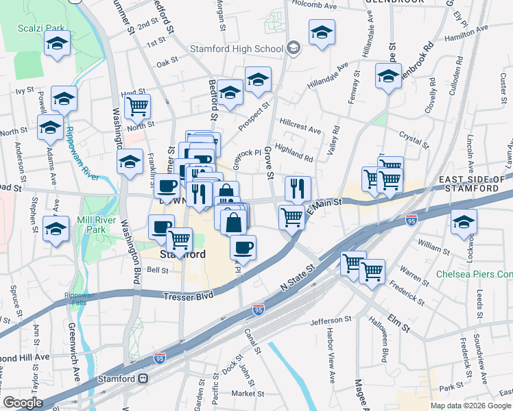 map of restaurants, bars, coffee shops, grocery stores, and more near 201 Broad Street in Stamford
