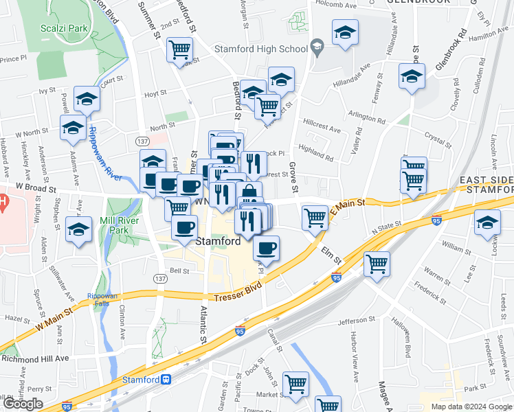 map of restaurants, bars, coffee shops, grocery stores, and more near in Stamford