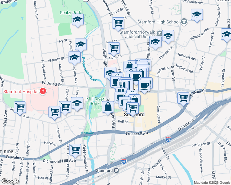map of restaurants, bars, coffee shops, grocery stores, and more near 5 Broad Street in Stamford