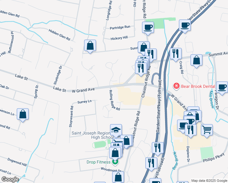map of restaurants, bars, coffee shops, grocery stores, and more near 3 Rolling Ridge Road in Montvale