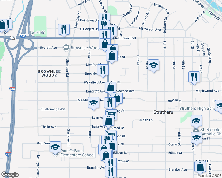 map of restaurants, bars, coffee shops, grocery stores, and more near 4424 Youngstown-Poland Road in Youngstown