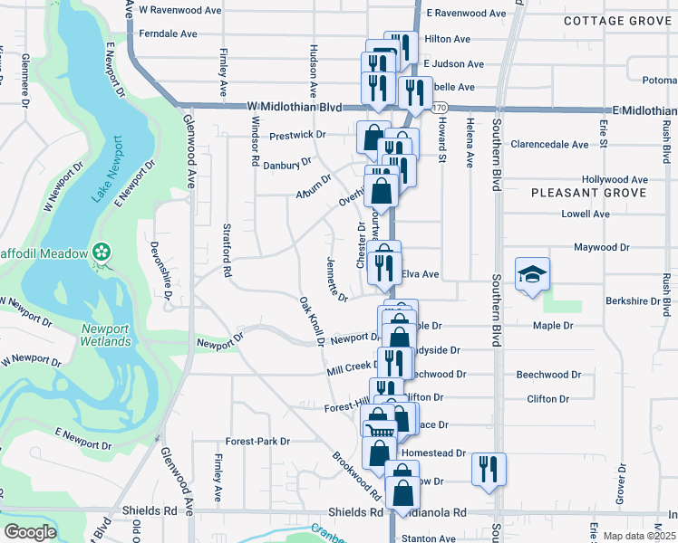 map of restaurants, bars, coffee shops, grocery stores, and more near 98 Jennette Drive in Youngstown