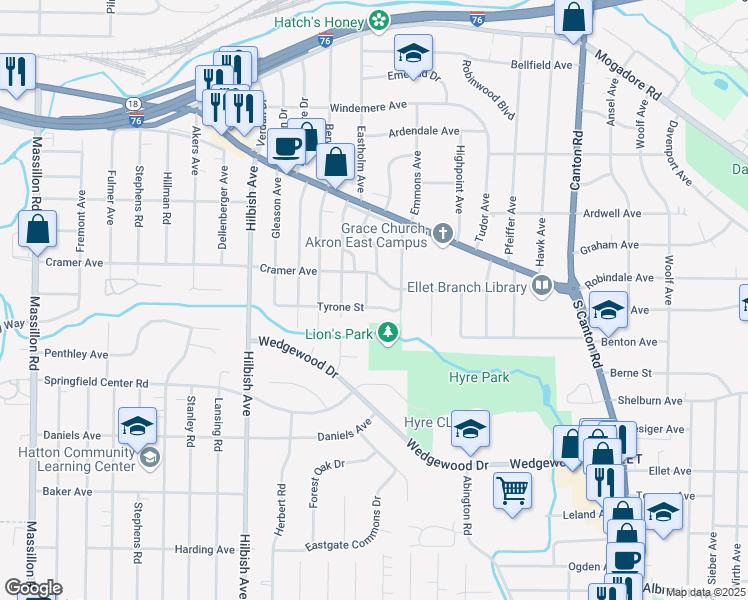 map of restaurants, bars, coffee shops, grocery stores, and more near 327 Bender Avenue in Akron