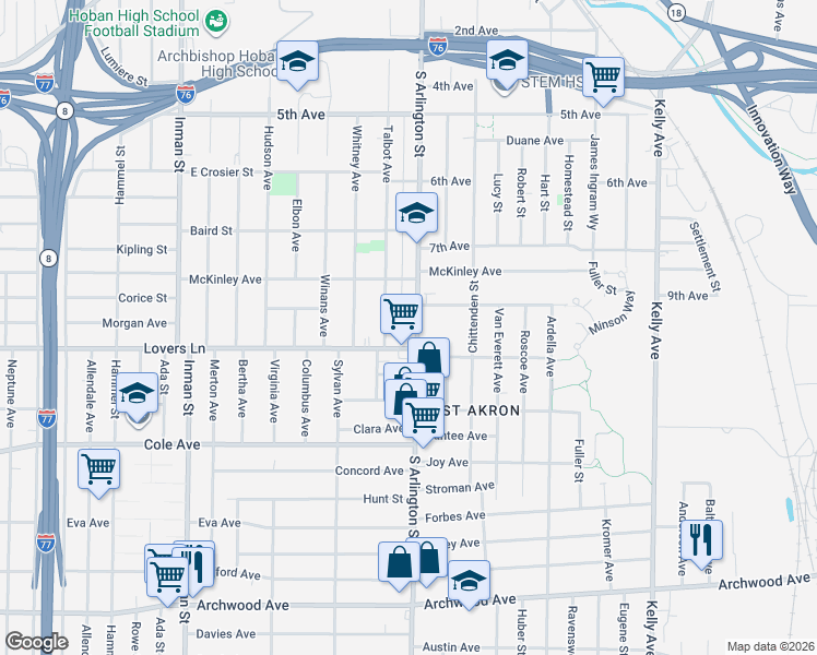 map of restaurants, bars, coffee shops, grocery stores, and more near 633 Talbot Avenue in Akron