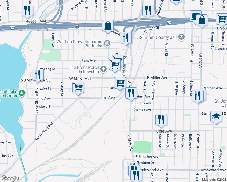 map of restaurants, bars, coffee shops, grocery stores, and more near 52 Lake Street in Akron