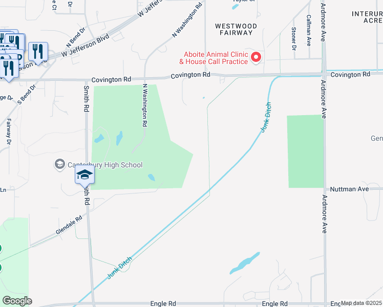 map of restaurants, bars, coffee shops, grocery stores, and more near Towpath Trail in Fort Wayne