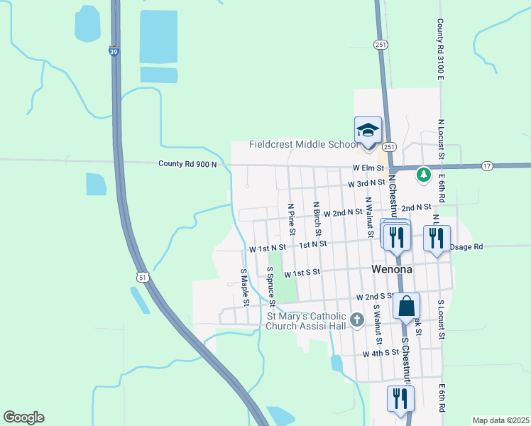 map of restaurants, bars, coffee shops, grocery stores, and more near 612 2nd North Street in Wenona