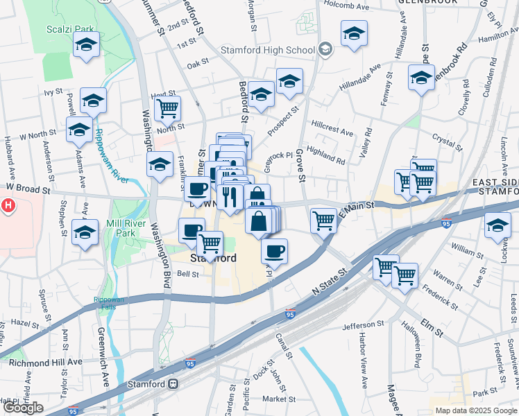 map of restaurants, bars, coffee shops, grocery stores, and more near 150 Broad Street in Stamford