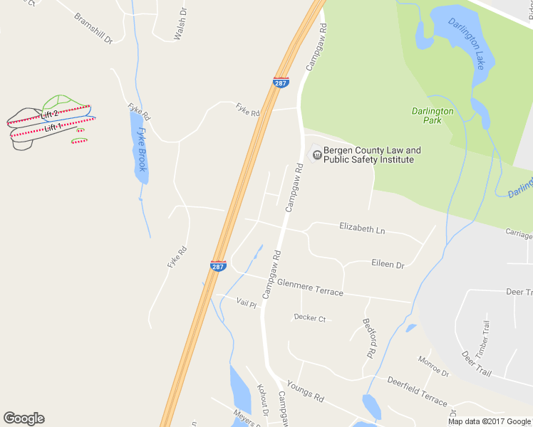map of restaurants, bars, coffee shops, grocery stores, and more near 17 Meadowlake Drive in Mahwah