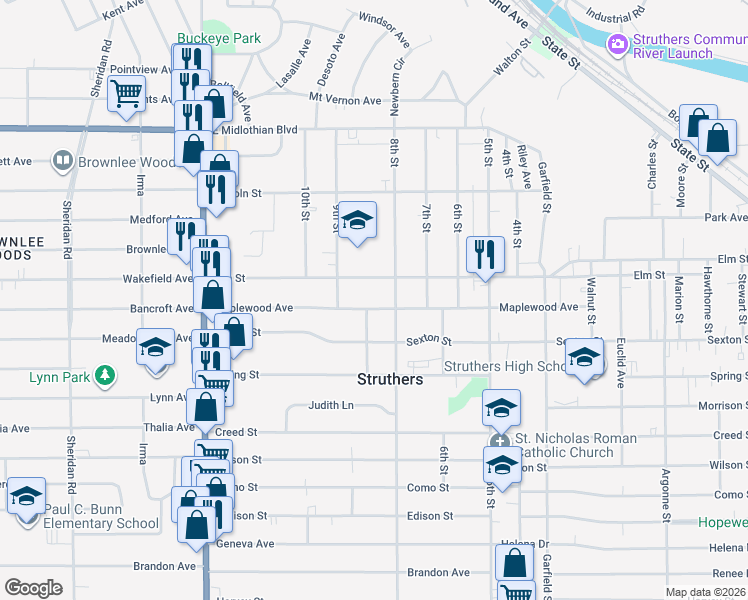 map of restaurants, bars, coffee shops, grocery stores, and more near 457 Maplewood Ave in Struthers