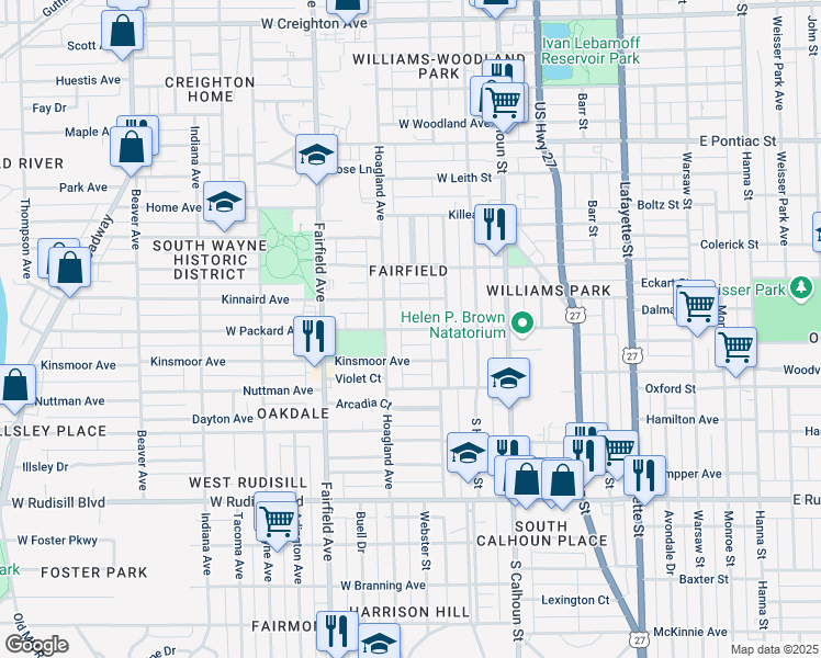 map of restaurants, bars, coffee shops, grocery stores, and more near 342 West Packard Avenue in Fort Wayne