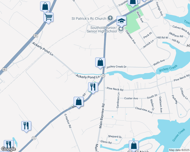 map of restaurants, bars, coffee shops, grocery stores, and more near 310 Ackerly Pond Lane in Southold