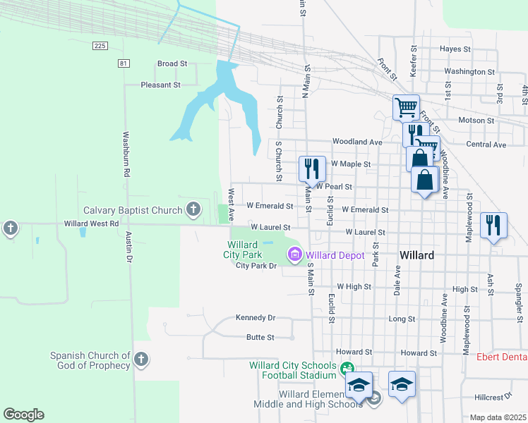 map of restaurants, bars, coffee shops, grocery stores, and more near 555 West Emerald Street in Willard