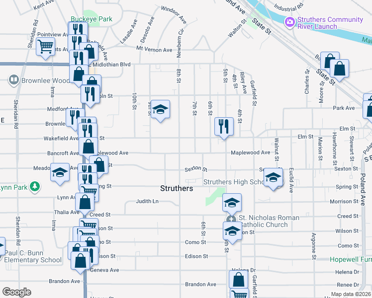 map of restaurants, bars, coffee shops, grocery stores, and more near 419 Maplewood Avenue in Struthers