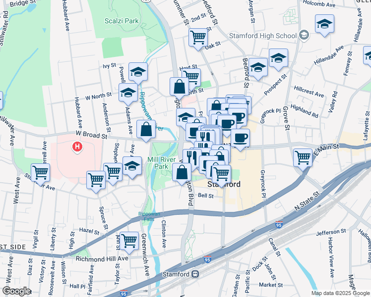 map of restaurants, bars, coffee shops, grocery stores, and more near 1 Broad Street in Stamford