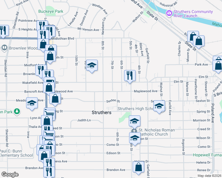 map of restaurants, bars, coffee shops, grocery stores, and more near 419 Maplewood Avenue in Struthers