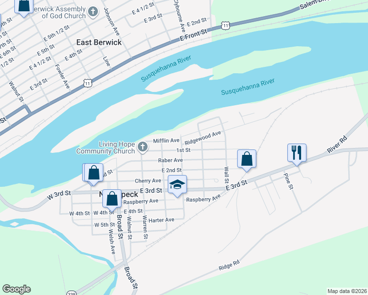 map of restaurants, bars, coffee shops, grocery stores, and more near 835 1st St in Nescopeck