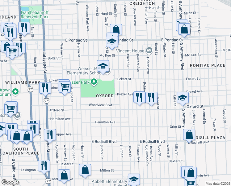 map of restaurants, bars, coffee shops, grocery stores, and more near 1017 Drexel Avenue in Fort Wayne