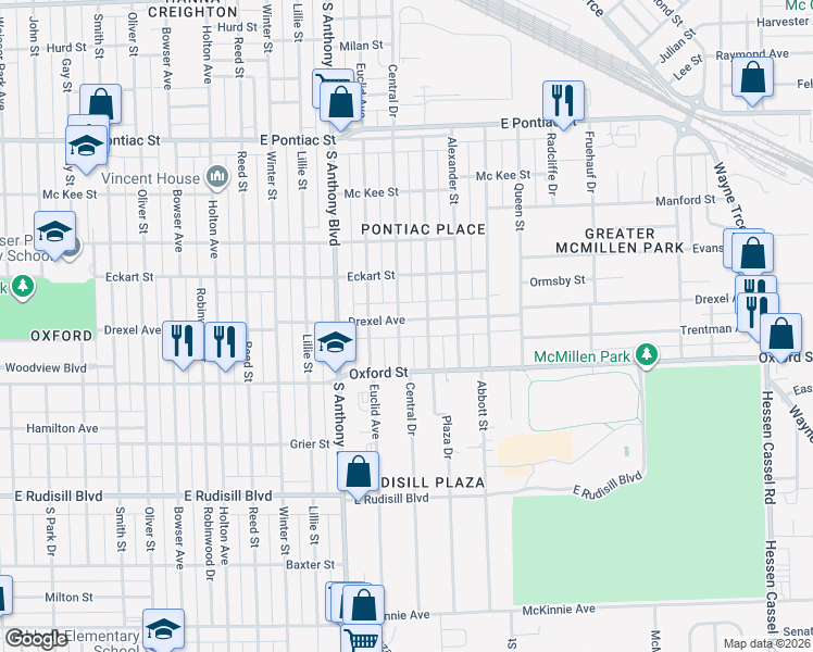 map of restaurants, bars, coffee shops, grocery stores, and more near 2006 Drexel Avenue in Fort Wayne