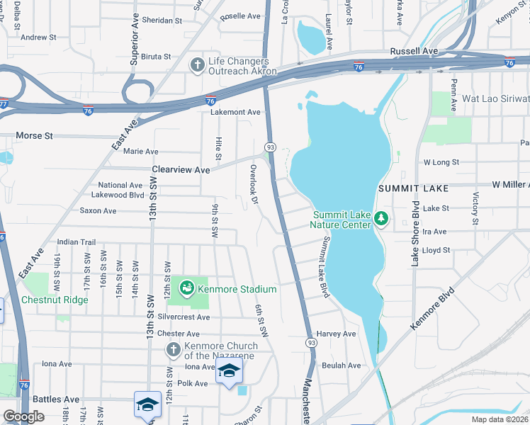 map of restaurants, bars, coffee shops, grocery stores, and more near 1603 Overlook Drive in Akron