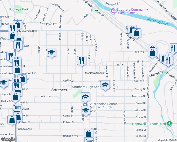 map of restaurants, bars, coffee shops, grocery stores, and more near 293 Maplewood Avenue in Struthers