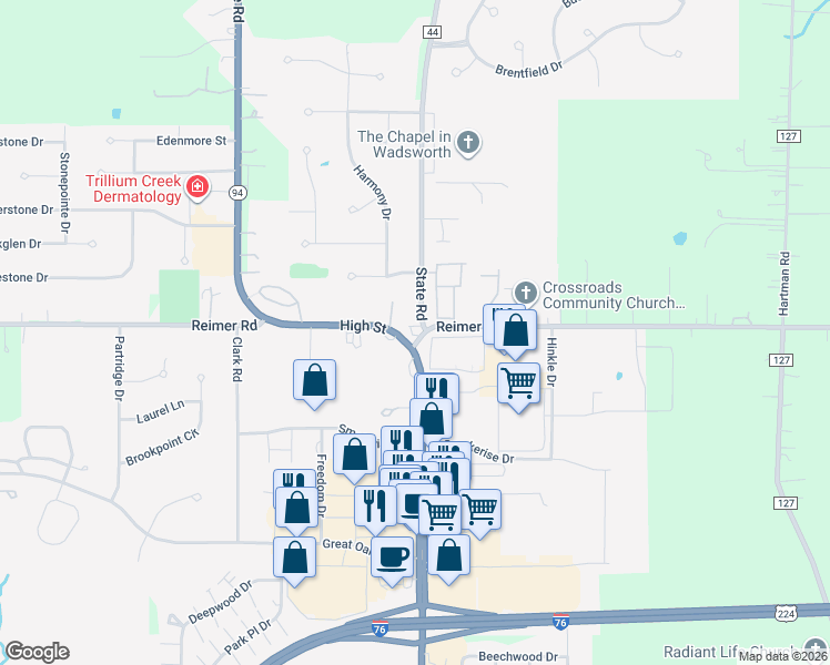 map of restaurants, bars, coffee shops, grocery stores, and more near 1165 High Street in Wadsworth