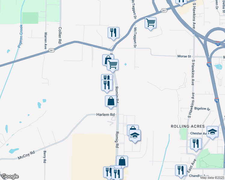 map of restaurants, bars, coffee shops, grocery stores, and more near 2168 Romig Road in Akron
