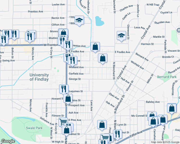 map of restaurants, bars, coffee shops, grocery stores, and more near 230 Garfield Avenue in Findlay