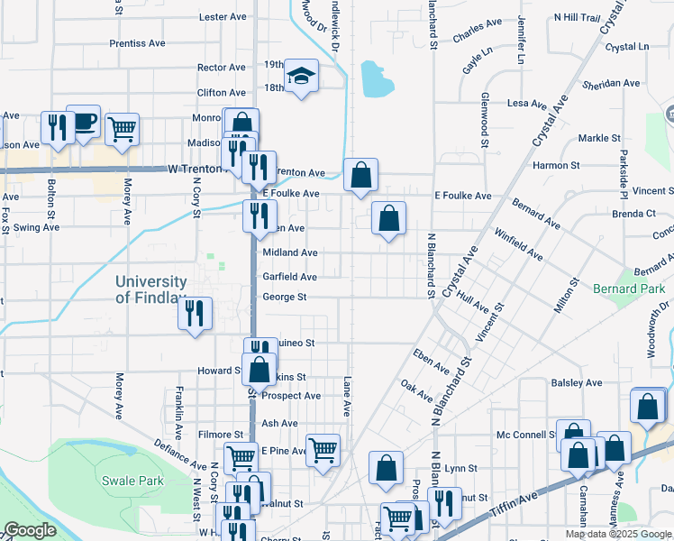 map of restaurants, bars, coffee shops, grocery stores, and more near 230 Garfield Avenue in Findlay