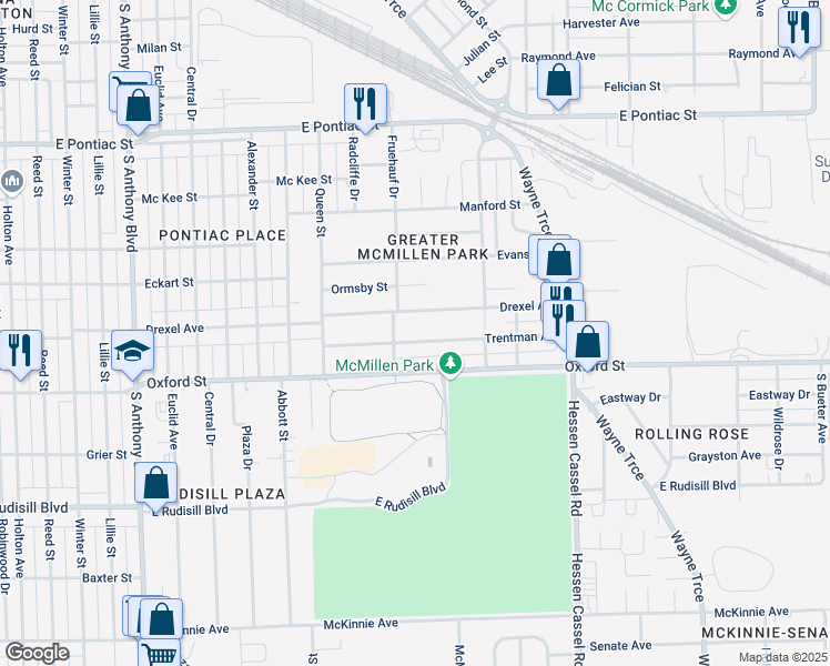 map of restaurants, bars, coffee shops, grocery stores, and more near 2623 Trentman Avenue in Fort Wayne