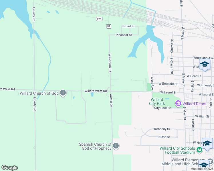 map of restaurants, bars, coffee shops, grocery stores, and more near 3179 Washburn Road in Willard