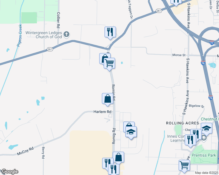map of restaurants, bars, coffee shops, grocery stores, and more near 2168 Romig Road in Akron