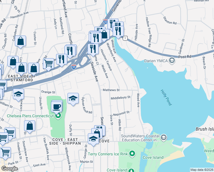 map of restaurants, bars, coffee shops, grocery stores, and more near 8 Mathews Street in Stamford