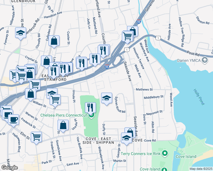 map of restaurants, bars, coffee shops, grocery stores, and more near 38 Hearthstone Court in Stamford