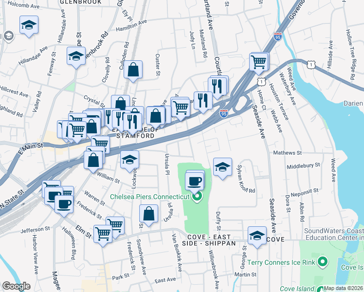 map of restaurants, bars, coffee shops, grocery stores, and more near 49 Stafford Road in Stamford
