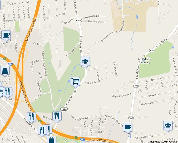 map of restaurants, bars, coffee shops, grocery stores, and more near 11 North Manor Drive in White Plains
