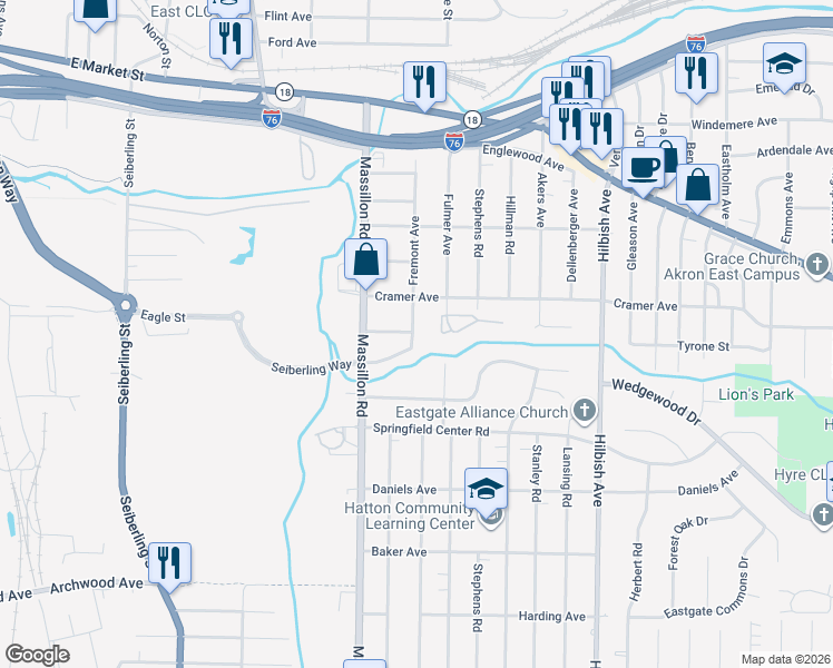 map of restaurants, bars, coffee shops, grocery stores, and more near 249 Fremont Avenue in Akron