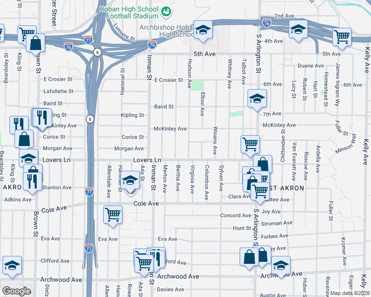 map of restaurants, bars, coffee shops, grocery stores, and more near 751 Hudson Avenue in Akron
