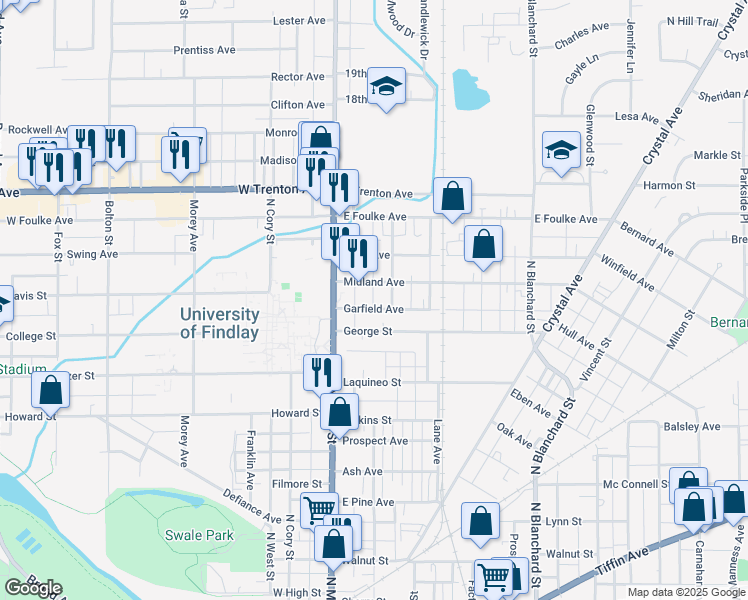 map of restaurants, bars, coffee shops, grocery stores, and more near 123 Midland Avenue in Findlay
