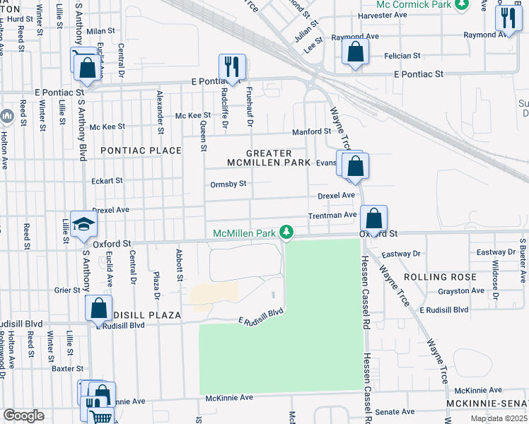 map of restaurants, bars, coffee shops, grocery stores, and more near 2623 Trentman Avenue in Fort Wayne