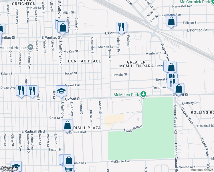 map of restaurants, bars, coffee shops, grocery stores, and more near 3313 Abbott Street in Fort Wayne