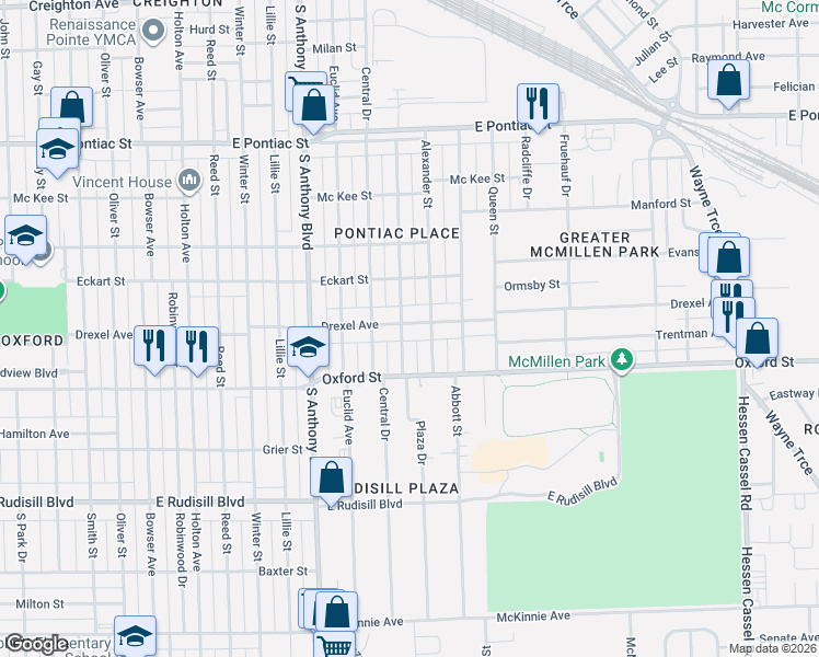 map of restaurants, bars, coffee shops, grocery stores, and more near 2102 Drexel Avenue in Fort Wayne