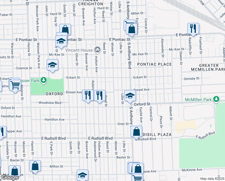 map of restaurants, bars, coffee shops, grocery stores, and more near 3222 Winter Street in Fort Wayne