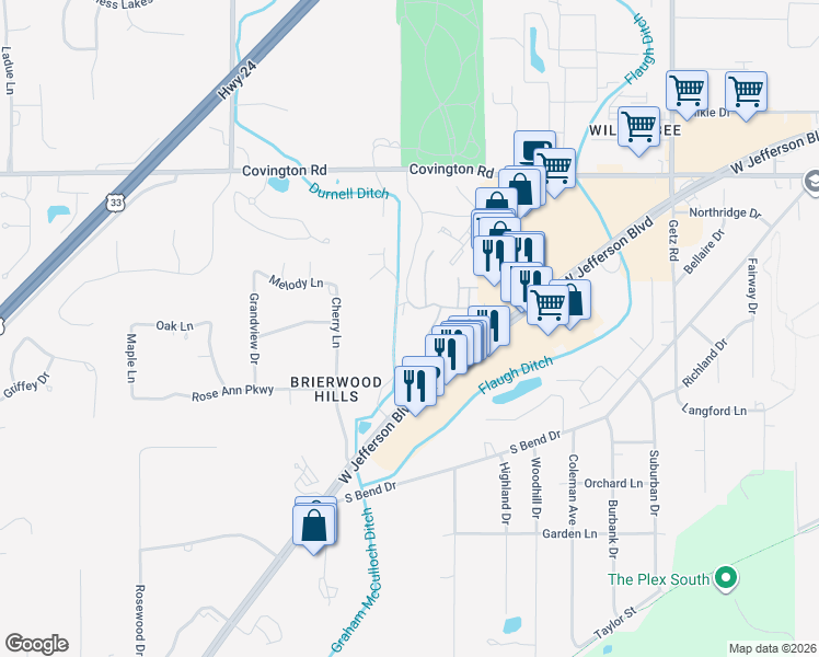 map of restaurants, bars, coffee shops, grocery stores, and more near 6701 Mallard Cove Terrace in Fort Wayne