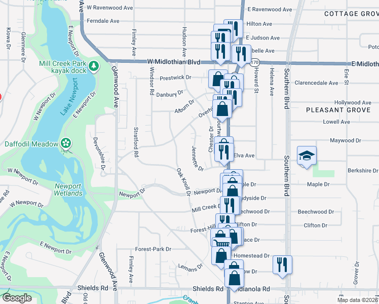 map of restaurants, bars, coffee shops, grocery stores, and more near 98 Jennette Drive in Youngstown